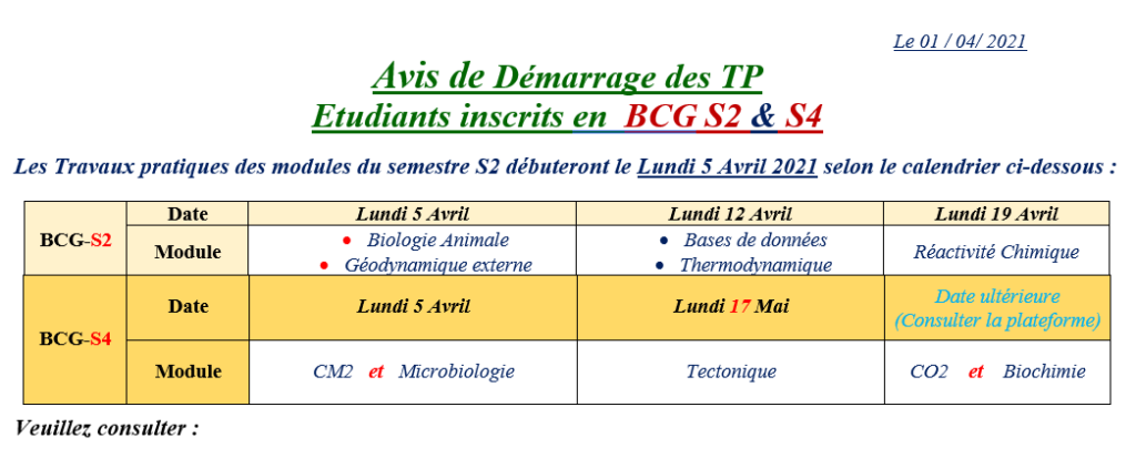 Calendriers Hebdomadaires Des TP- BCG-S2 Calendriers Hebdomadaires Des ...